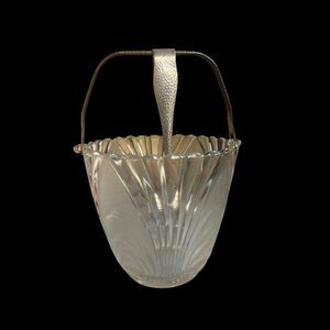 Vintage Frosted Glass Brockway Nouveau Ice Bucket w/Claw Tongs, Mid-Century Mod